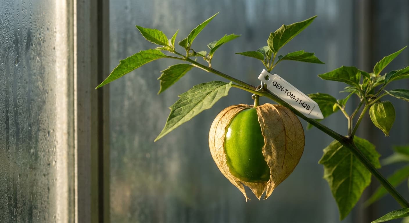 Scoville Splice Green Lightning (SS-0293) — engineered Tomatillo specimen on-plant with laboratory specimen tag