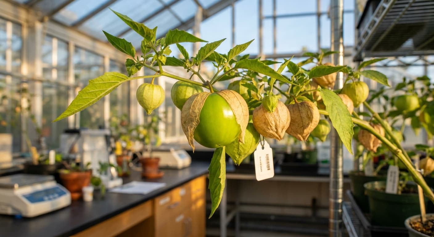Scoville Splice Jade Fury (SS-0294) — engineered Tomatillo specimen on-plant with laboratory specimen tag