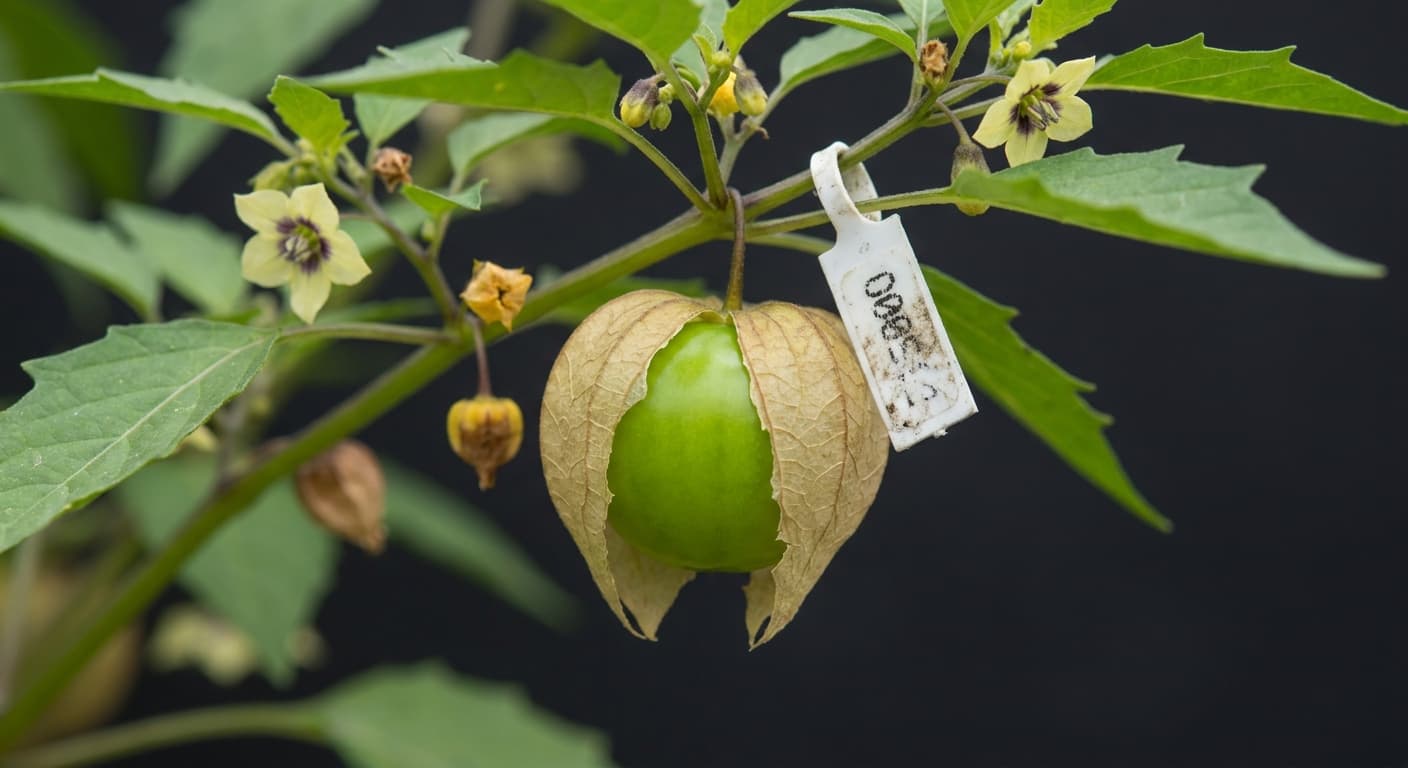 Scoville Splice Emerald Burn (SS-0295) — engineered Tomatillo specimen on-plant with laboratory specimen tag