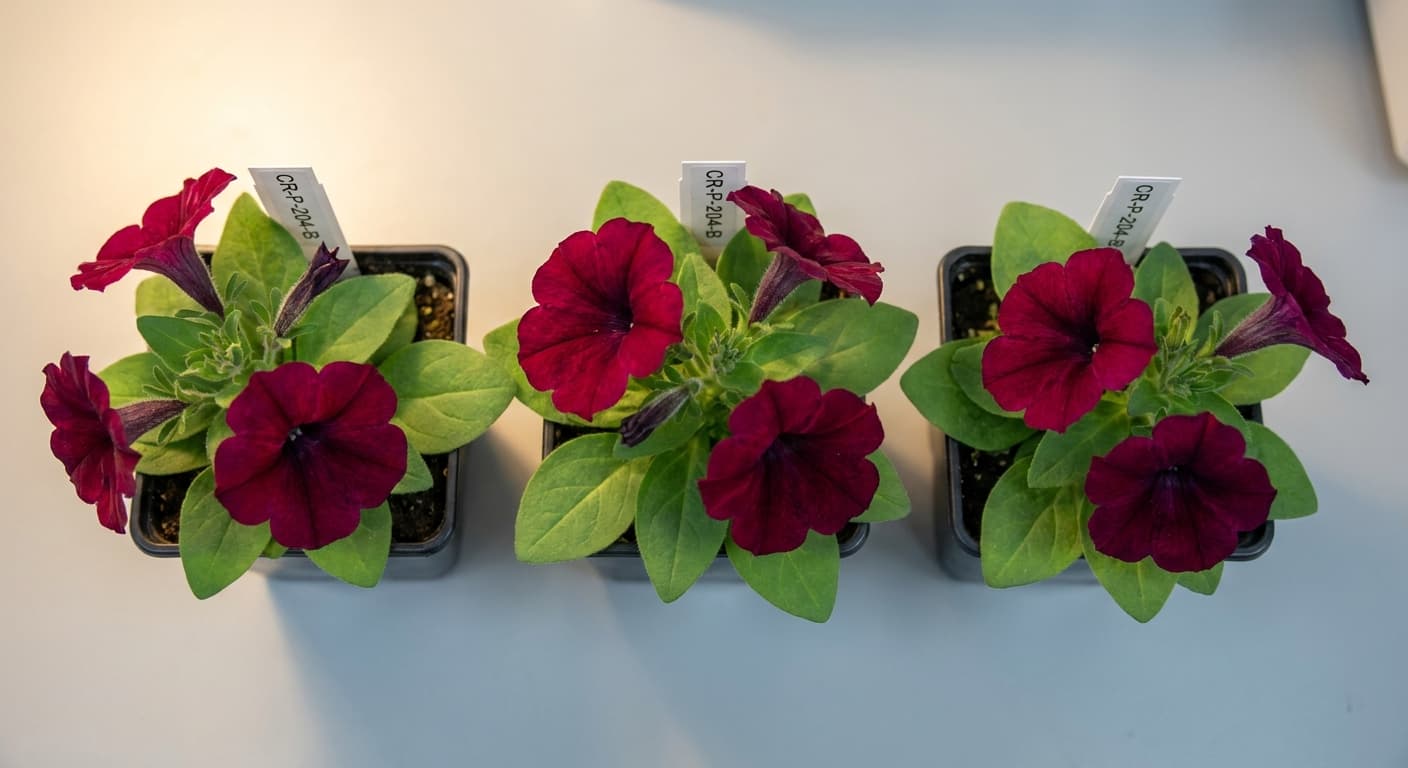 Scoville Splice Petal Burn (SS-0297) — engineered Petunia specimen on-plant with laboratory specimen tag