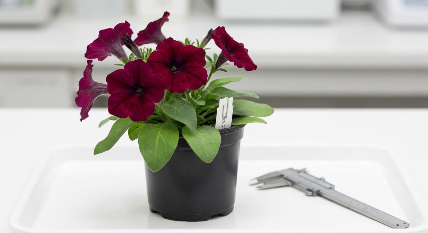 Scoville Splice Stamen Spark (SS-0298) — engineered Petunia specimen on-plant with laboratory specimen tag