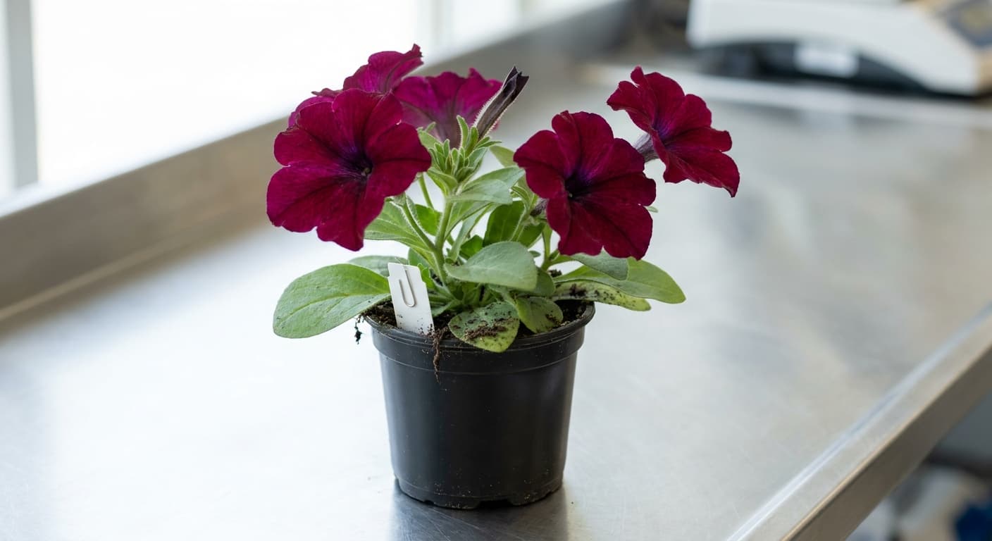 Scoville Splice Pistil Fire (SS-0299) — engineered Petunia specimen on-plant with laboratory specimen tag