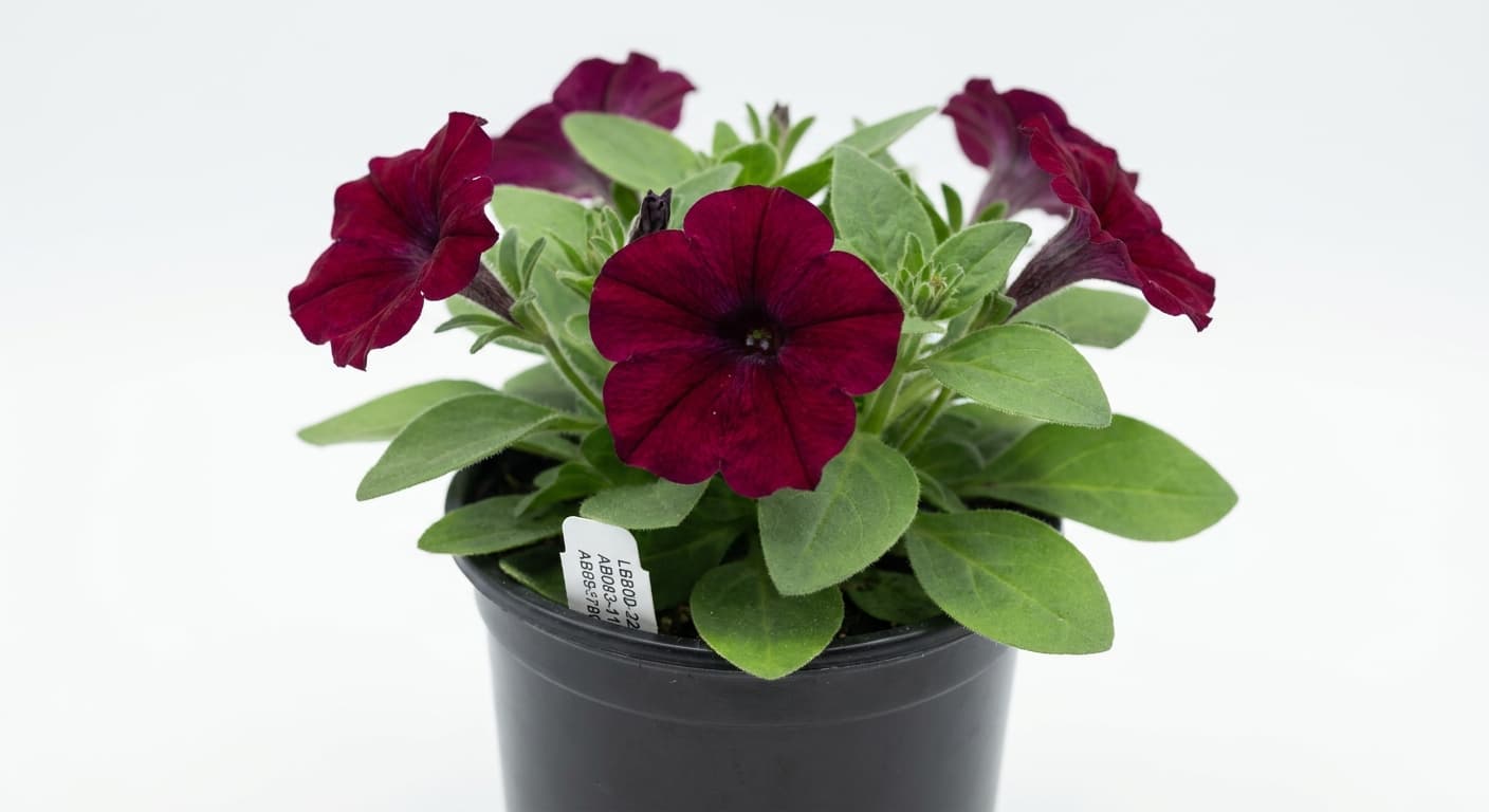 Scoville Splice Bloom Bomb (SS-0300) — engineered Petunia specimen on-plant with laboratory specimen tag