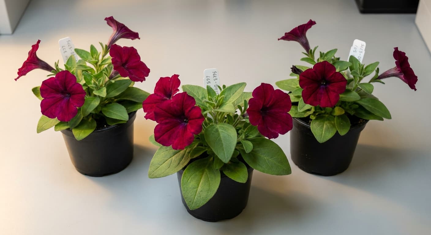 Scoville Splice Pollen Storm (SS-0301) — engineered Petunia specimen on-plant with laboratory specimen tag