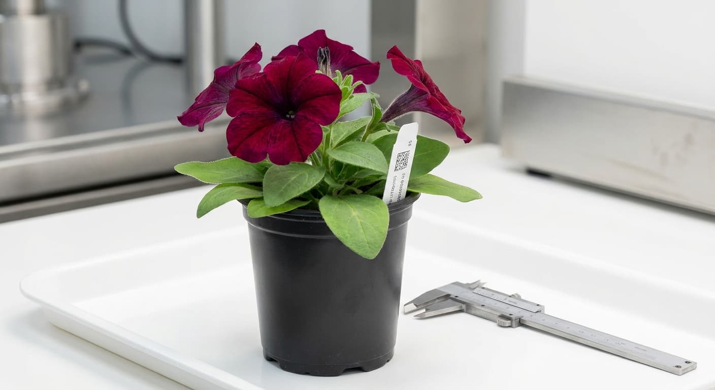 Scoville Splice Floral Fury (SS-0302) — engineered Petunia specimen on-plant with laboratory specimen tag