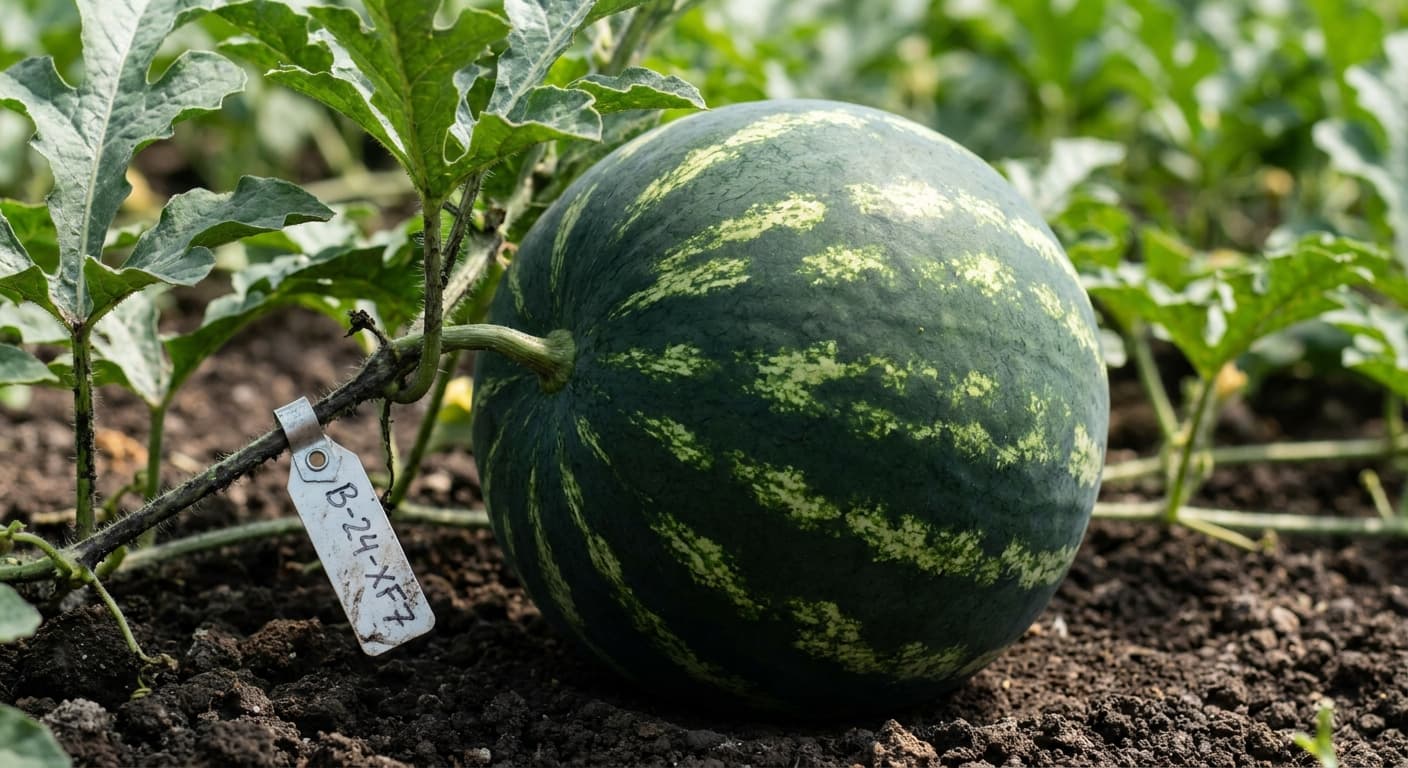 Scoville Splice Sunbeam (SS-0339) — engineered Melon specimen on-plant with laboratory specimen tag