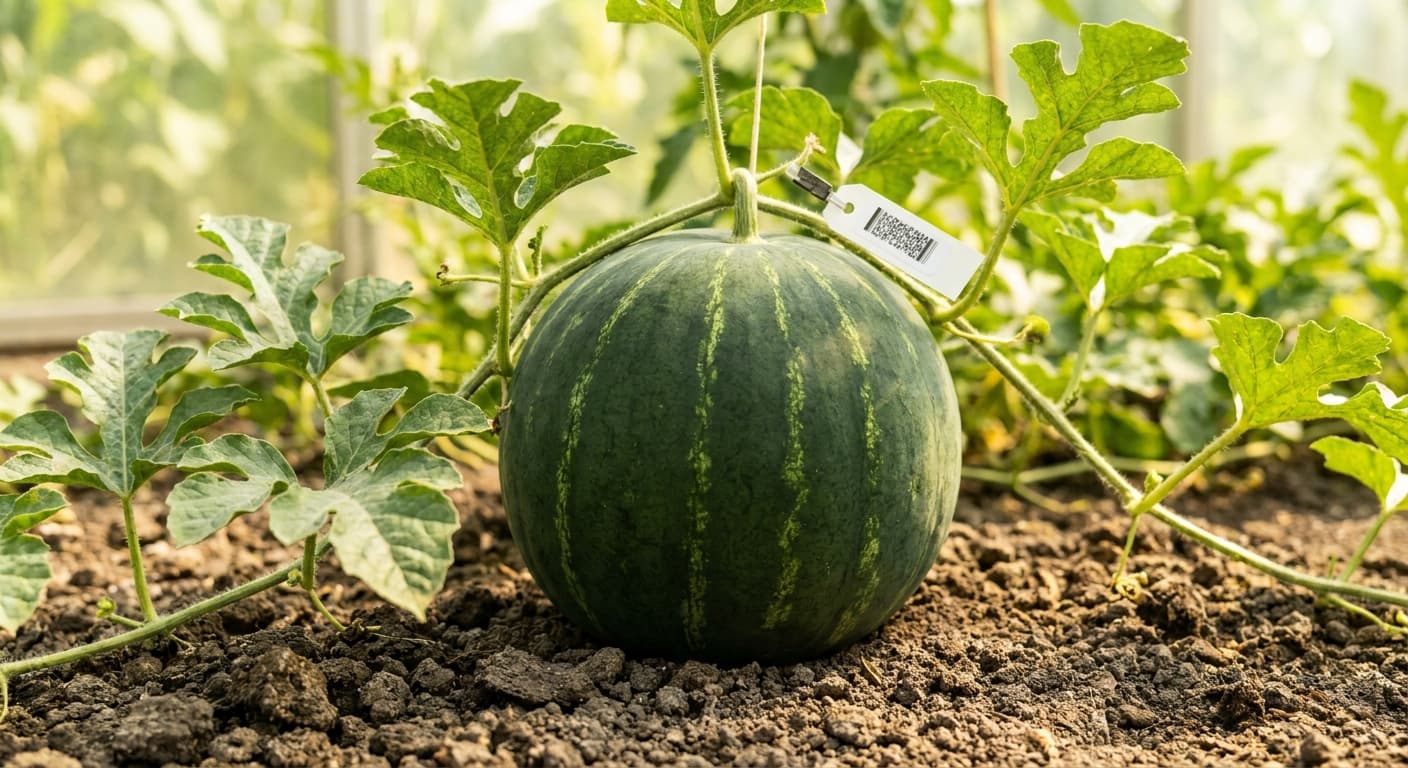Scoville Splice Sun Shower (SS-0340) — engineered Melon specimen on-plant with laboratory specimen tag