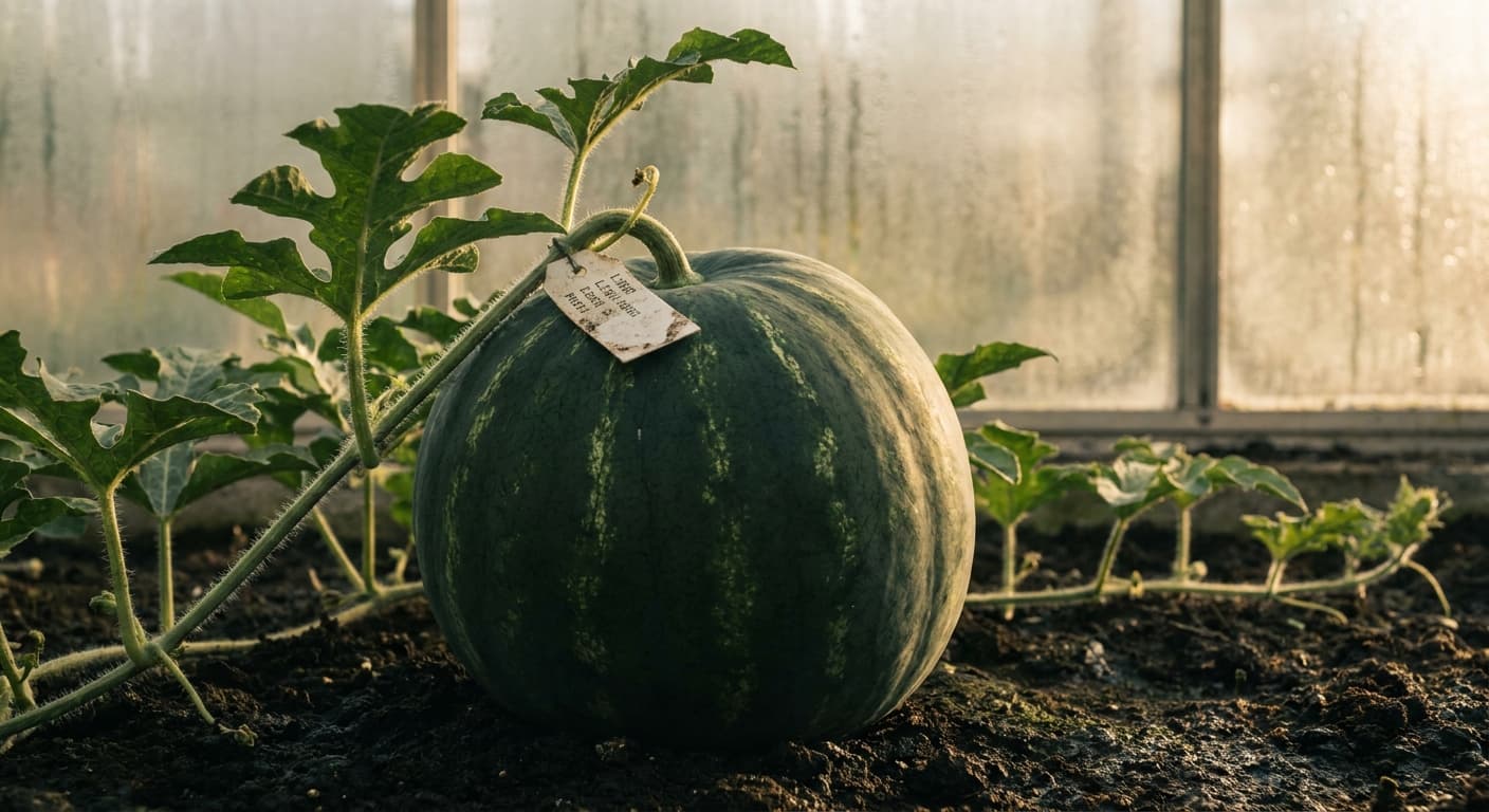Scoville Splice Heat Mirage (SS-0341) — engineered Melon specimen on-plant with laboratory specimen tag