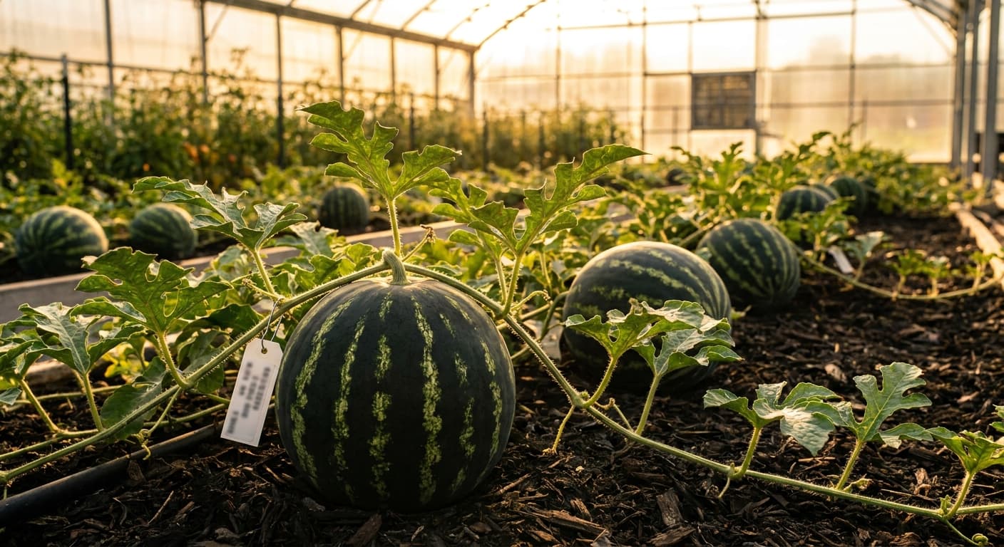 Scoville Splice Sunburn (SS-0342) — engineered Melon specimen on-plant with laboratory specimen tag
