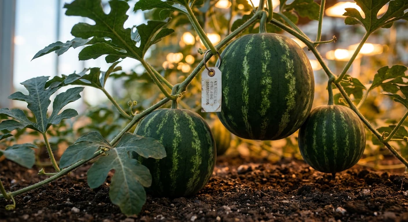 Scoville Splice Sun Spot (SS-0343) — engineered Melon specimen on-plant with laboratory specimen tag