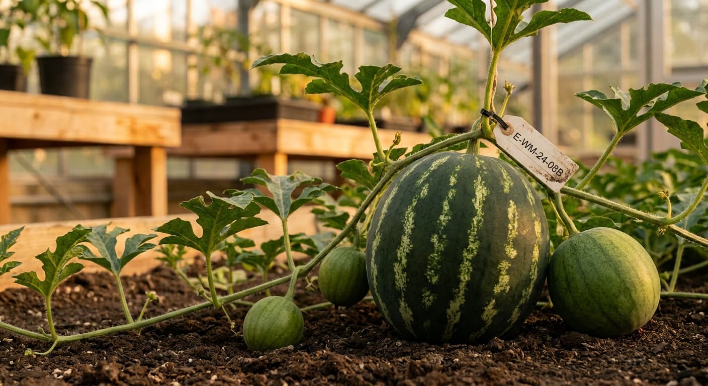Scoville Splice Sun Dog (SS-0344) — engineered Melon specimen on-plant with laboratory specimen tag