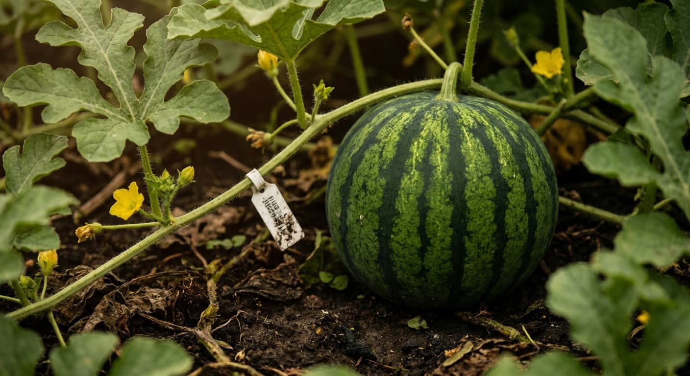 Scoville Splice Sunstroke (SS-0345) — engineered Melon specimen on-plant with laboratory specimen tag