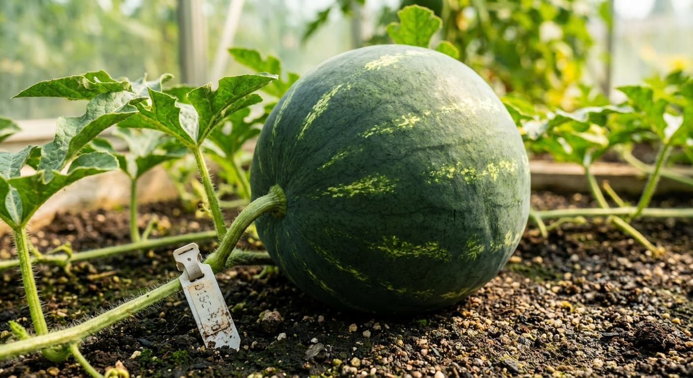 Scoville Splice Solar Wind (SS-0346) — engineered Melon specimen on-plant with laboratory specimen tag
