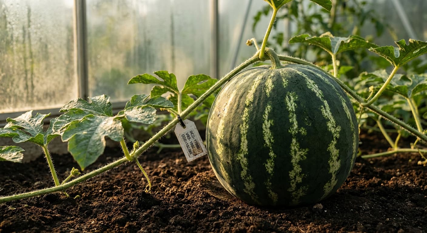 Scoville Splice Heatwave (SS-0347) — engineered Melon specimen on-plant with laboratory specimen tag