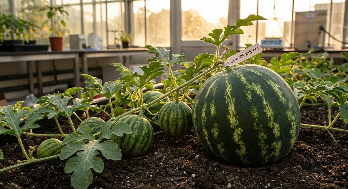 Scoville Splice Solar Flare (SS-0348) — engineered Melon specimen on-plant with laboratory specimen tag