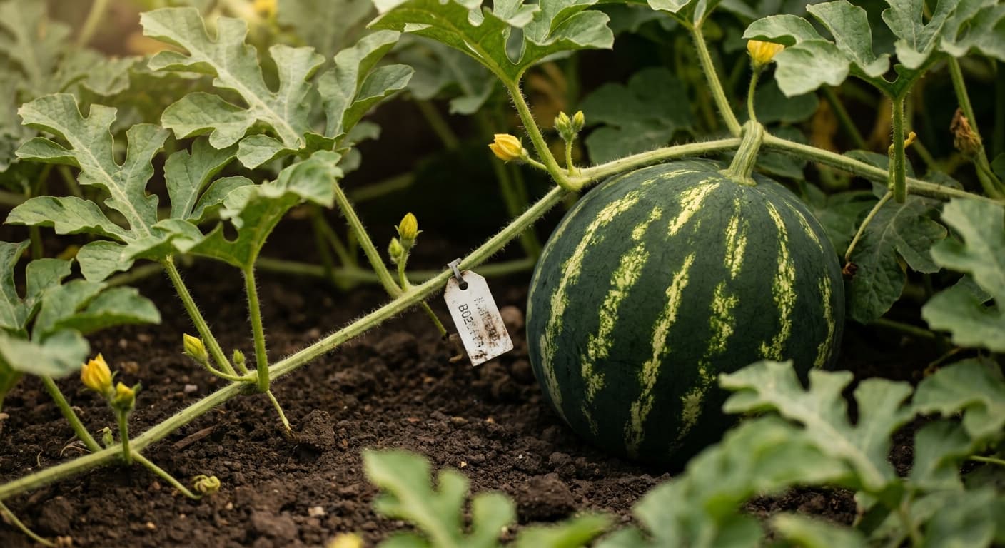 Scoville Splice Coronal Mass (SS-0349) — engineered Melon specimen on-plant with laboratory specimen tag