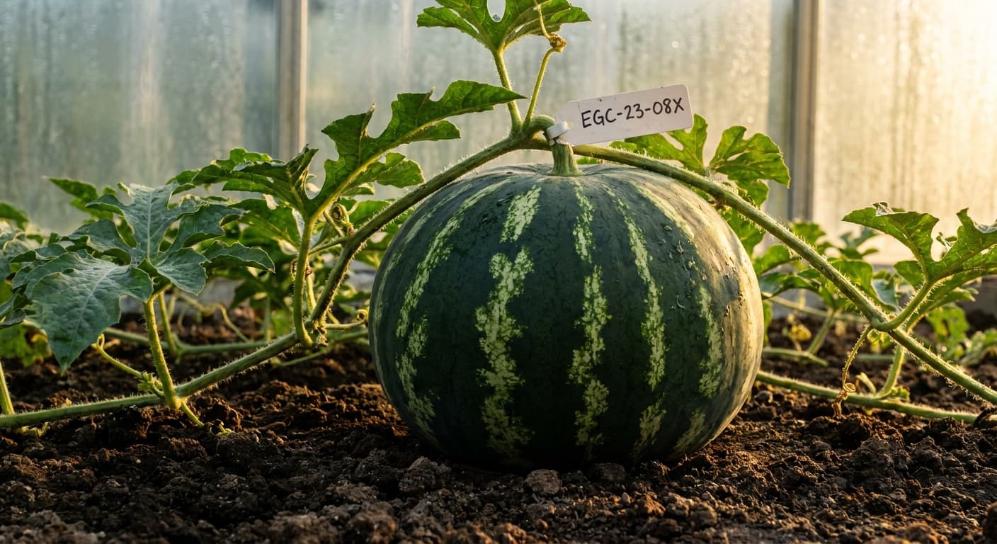 Scoville Splice Solar Maximum (SS-0350) — engineered Melon specimen on-plant with laboratory specimen tag