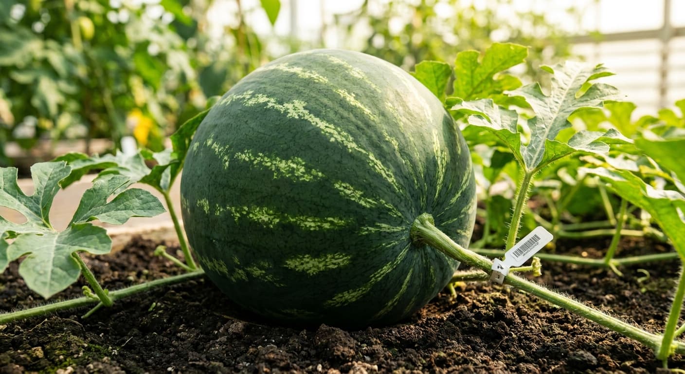 Scoville Splice Total Irradiance (SS-0351) — engineered Melon specimen on-plant with laboratory specimen tag