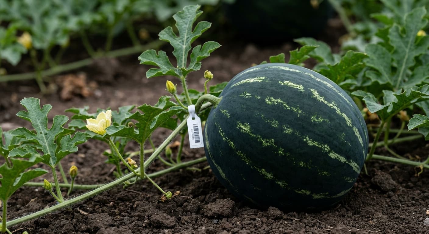 Scoville Splice Heliosphere (SS-0352) — engineered Melon specimen on-plant with laboratory specimen tag