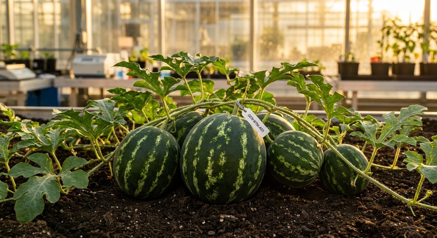 Scoville Splice Sol Invictus (SS-0353) — engineered Melon specimen on-plant with laboratory specimen tag