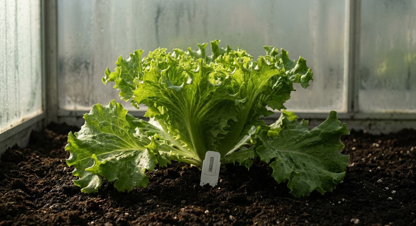 Scoville Splice Whisper Leaf (SS-0369) — engineered Lettuce specimen on-plant with laboratory specimen tag