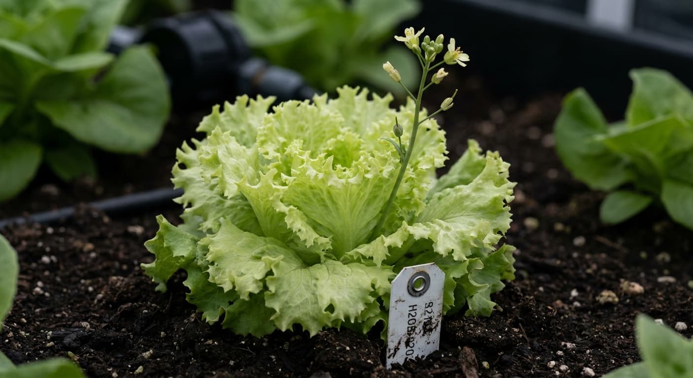 Scoville Splice Green Alert (SS-0370) — engineered Lettuce specimen on-plant with laboratory specimen tag