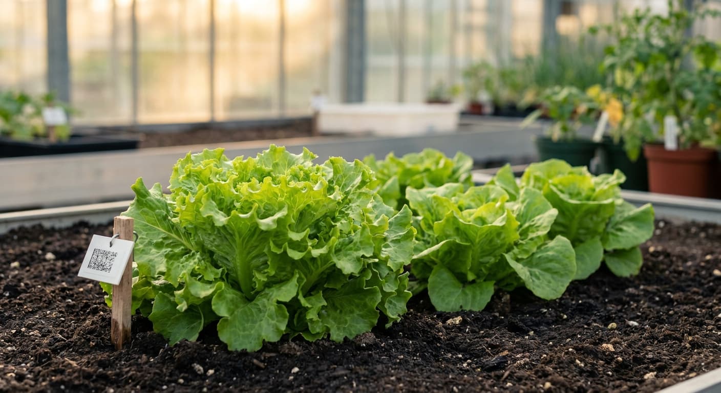 Scoville Splice Sleeper Agent (SS-0371) — engineered Lettuce specimen on-plant with laboratory specimen tag