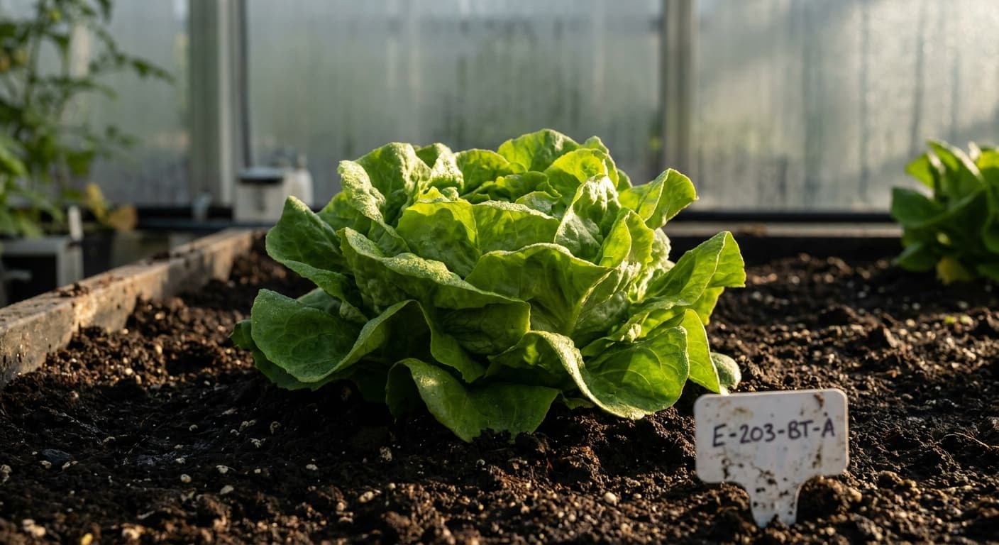 Scoville Splice Salad Spike (SS-0372) — engineered Lettuce specimen on-plant with laboratory specimen tag
