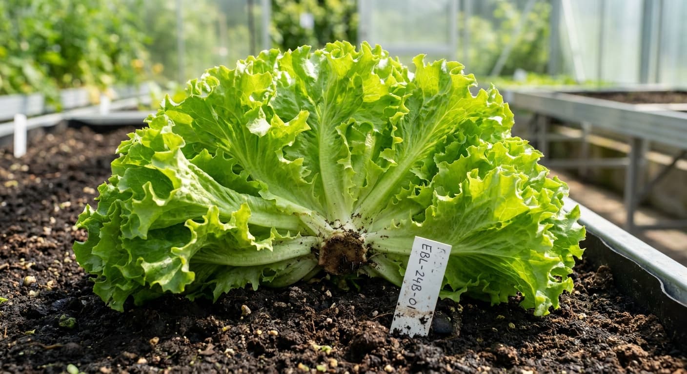 Scoville Splice Wake-Up Call (SS-0373) — engineered Lettuce specimen on-plant with laboratory specimen tag