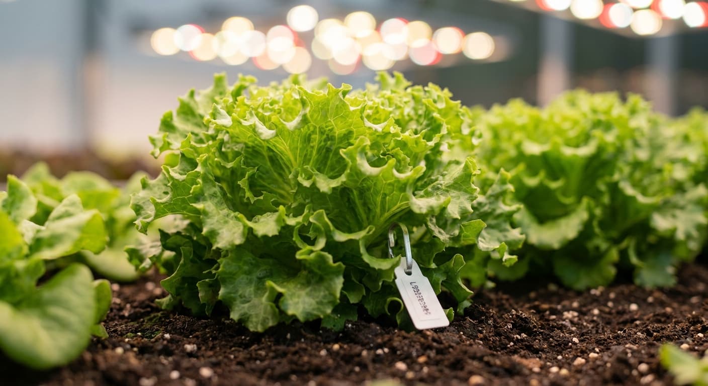 Scoville Splice Leaf Blaze (SS-0374) — engineered Lettuce specimen on-plant with laboratory specimen tag