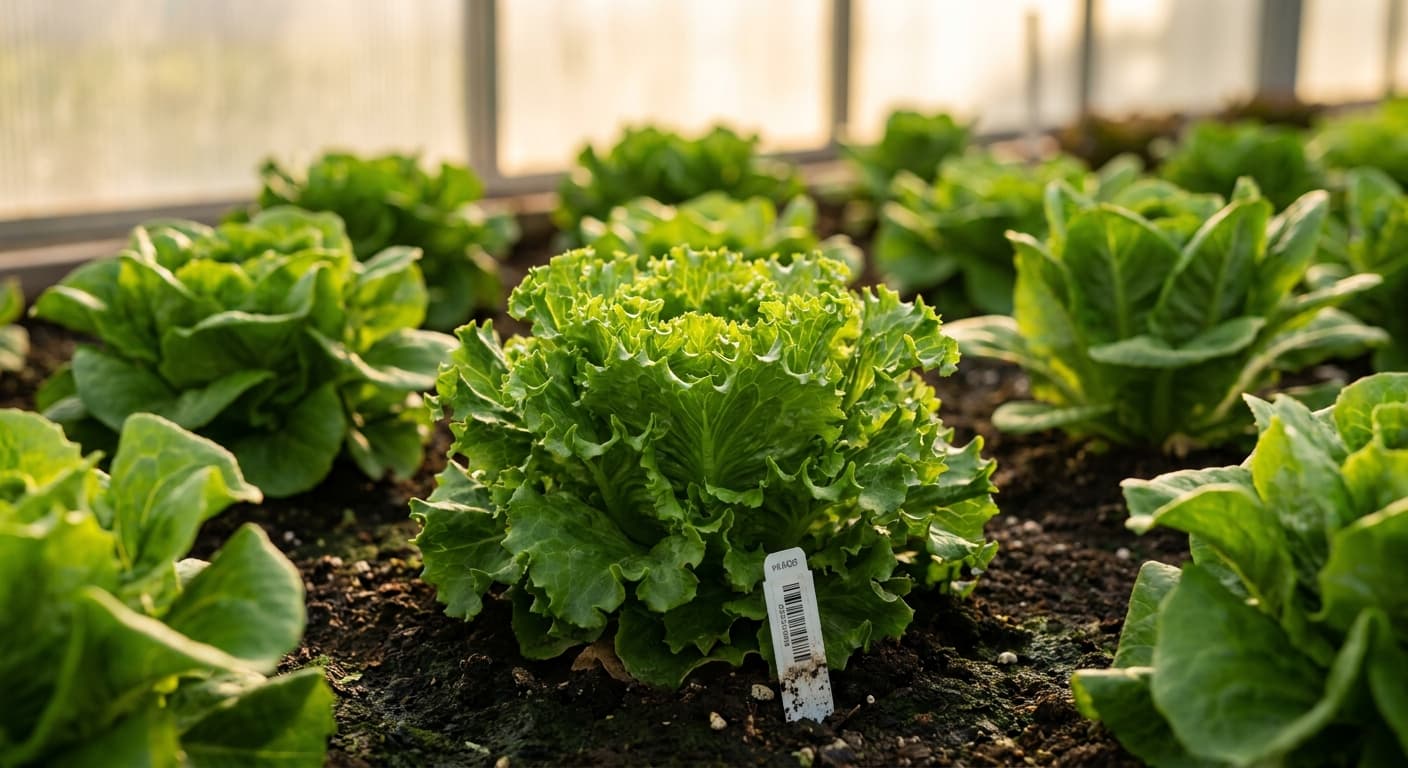 Scoville Splice Silent Alarm (SS-0375) — engineered Lettuce specimen on-plant with laboratory specimen tag