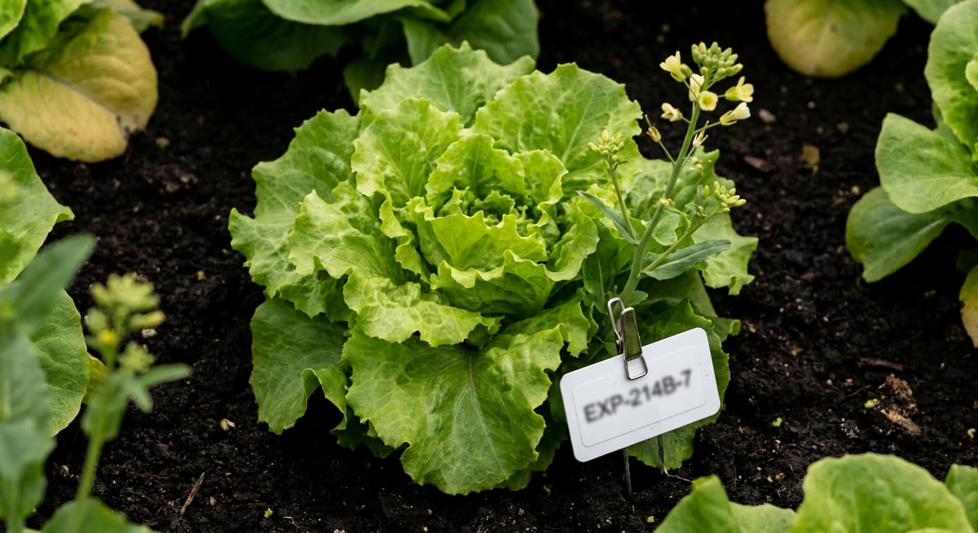 Scoville Splice Green Fire (SS-0376) — engineered Lettuce specimen on-plant with laboratory specimen tag