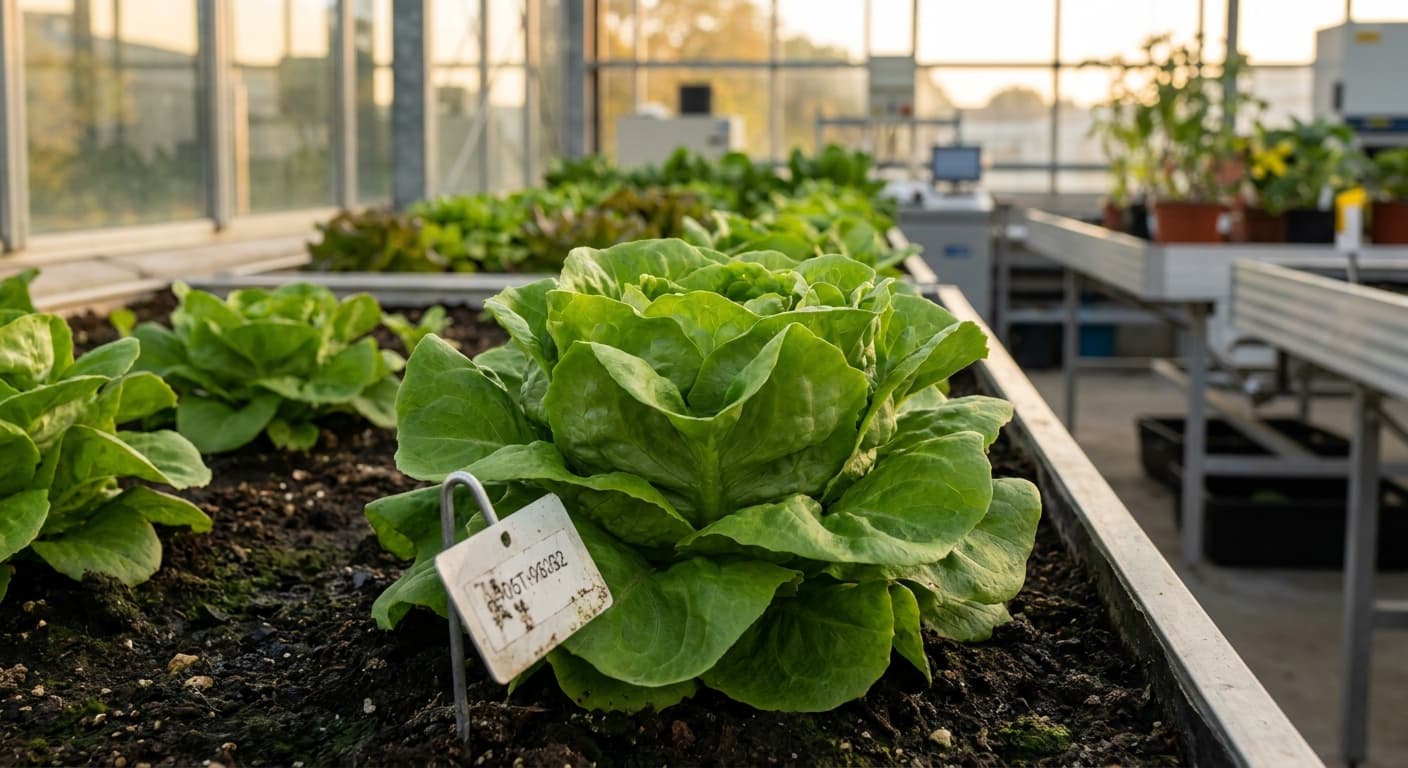 Scoville Splice Stealth Burn (SS-0377) — engineered Lettuce specimen on-plant with laboratory specimen tag