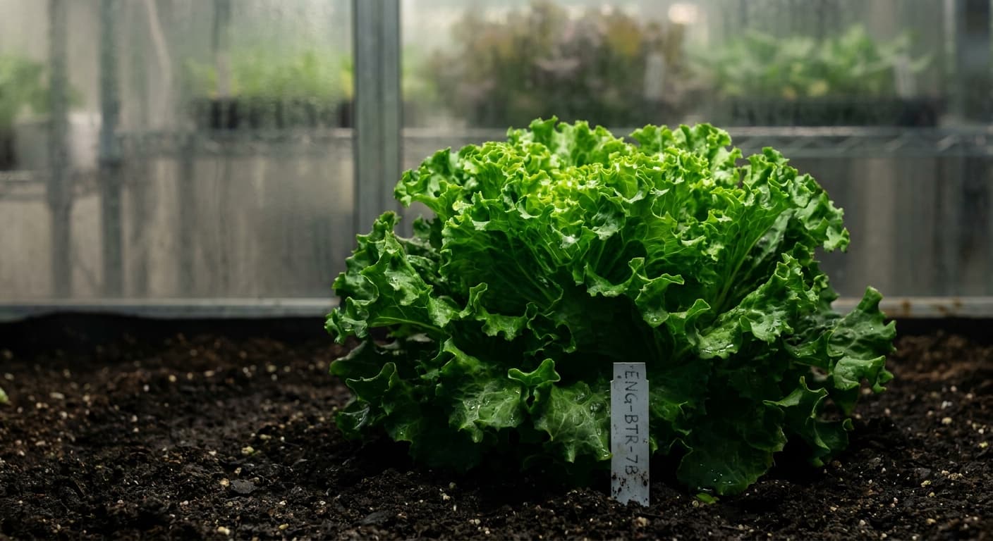 Scoville Splice Lettuce Bomb (SS-0378) — engineered Lettuce specimen on-plant with laboratory specimen tag