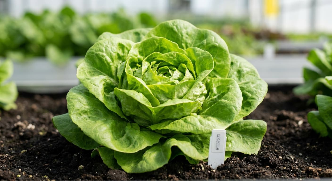 Scoville Splice Undercover (SS-0379) — engineered Lettuce specimen on-plant with laboratory specimen tag