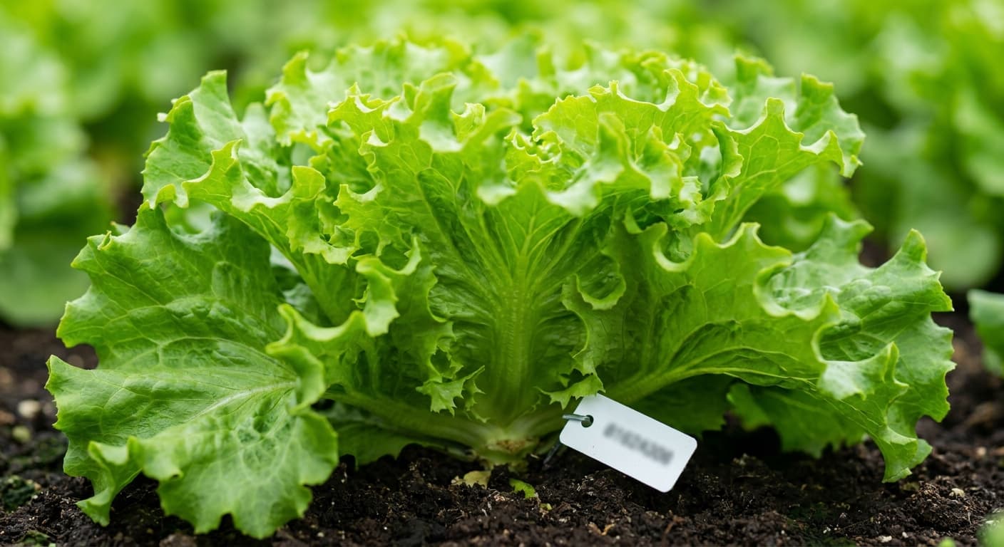 Scoville Splice Salad Inferno (SS-0380) — engineered Lettuce specimen on-plant with laboratory specimen tag