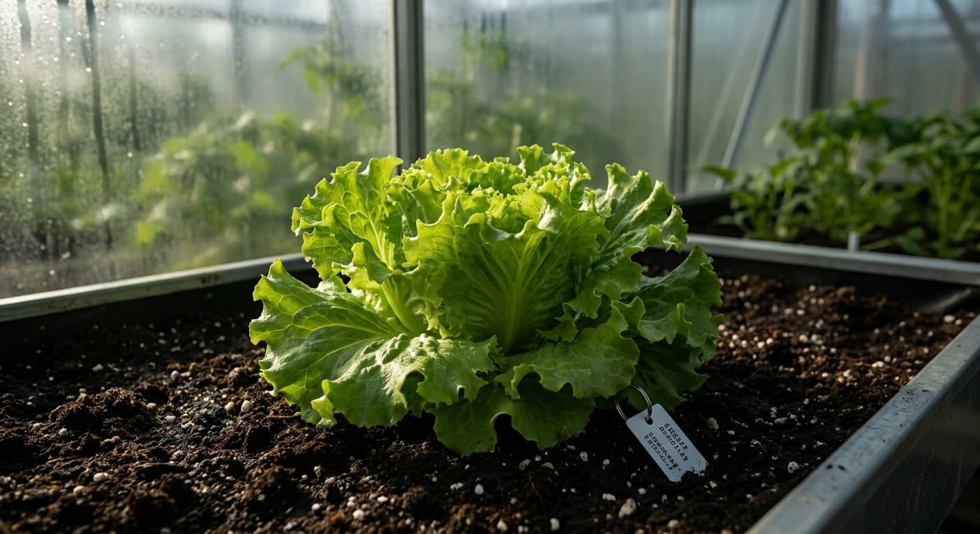 Scoville Splice Caesar Strikes (SS-0381) — engineered Lettuce specimen on-plant with laboratory specimen tag