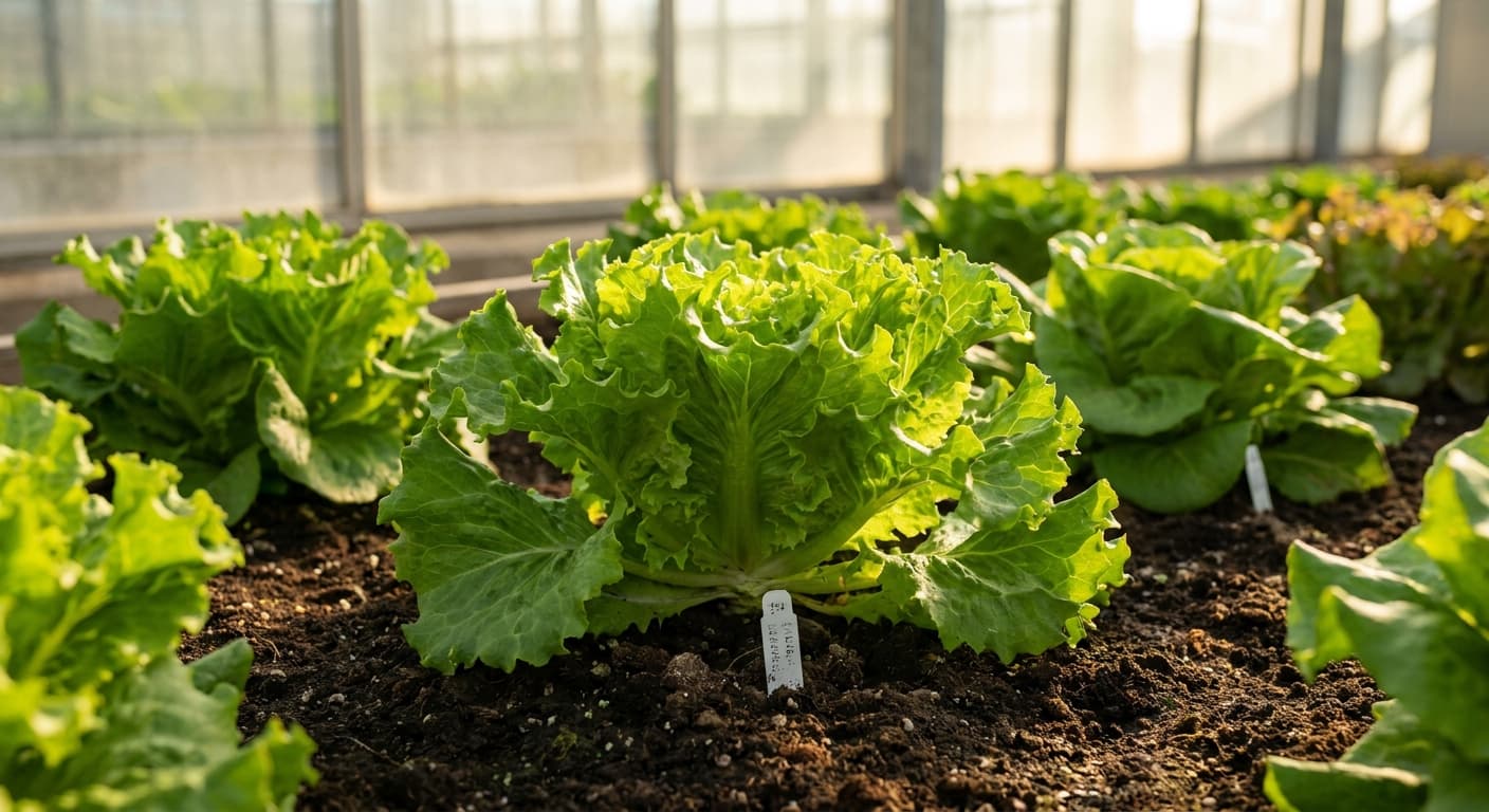 Scoville Splice Romaine Ruin (SS-0382) — engineered Lettuce specimen on-plant with laboratory specimen tag