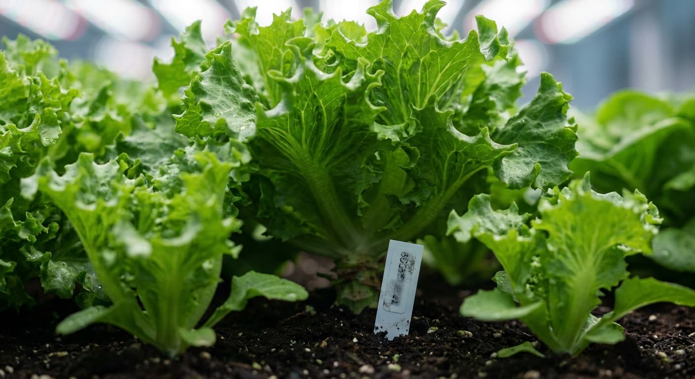 Scoville Splice Iceberg Melt (SS-0383) — engineered Lettuce specimen on-plant with laboratory specimen tag