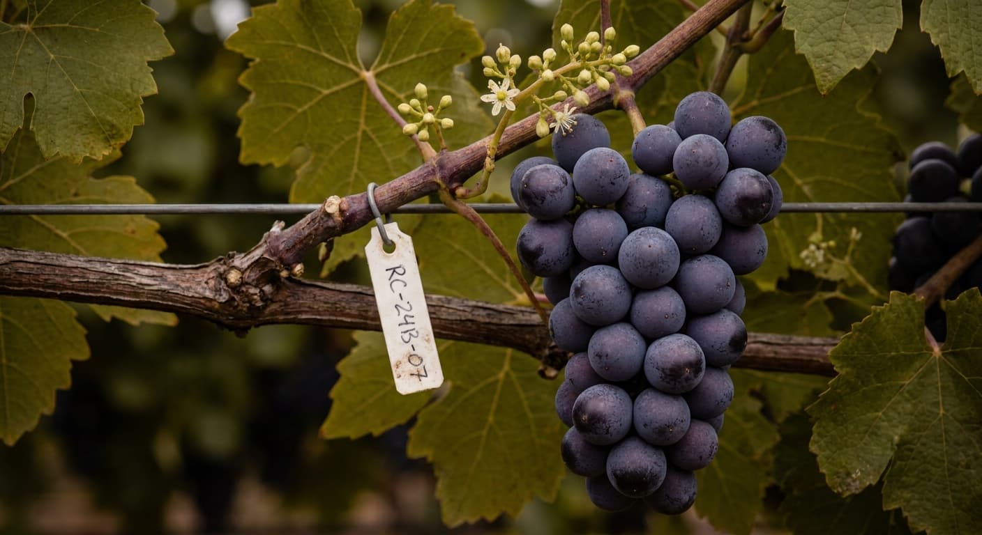 Scoville Splice Pinot Burn (SS-0387) — engineered Grape specimen on-plant with laboratory specimen tag