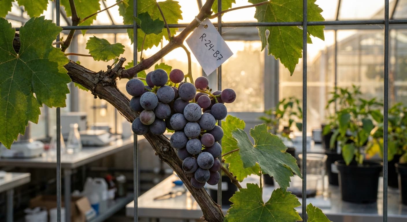 Scoville Splice Merlot Fire (SS-0388) — engineered Grape specimen on-plant with laboratory specimen tag