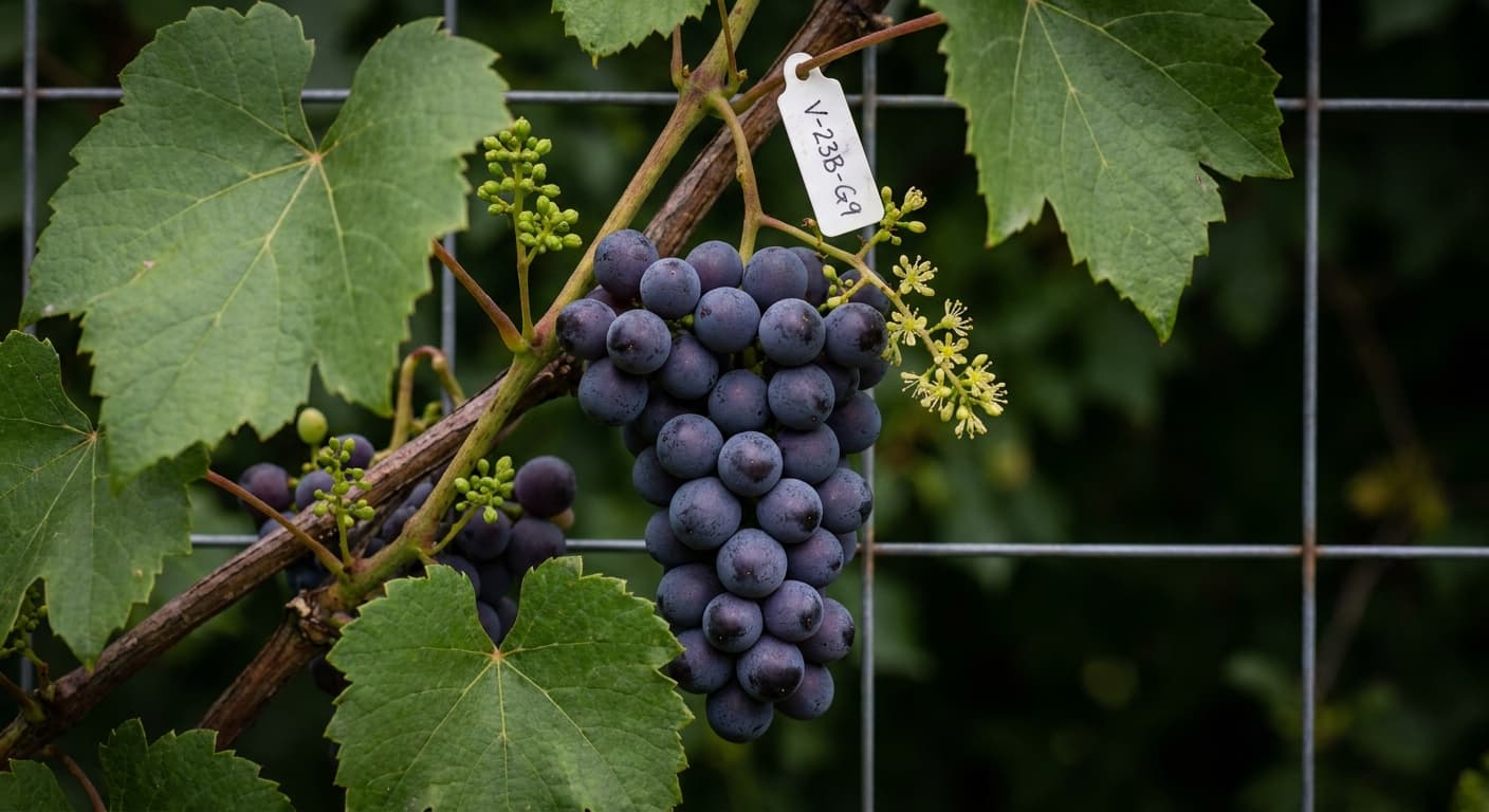 Scoville Splice Shiraz Blaze (SS-0389) — engineered Grape specimen on-plant with laboratory specimen tag