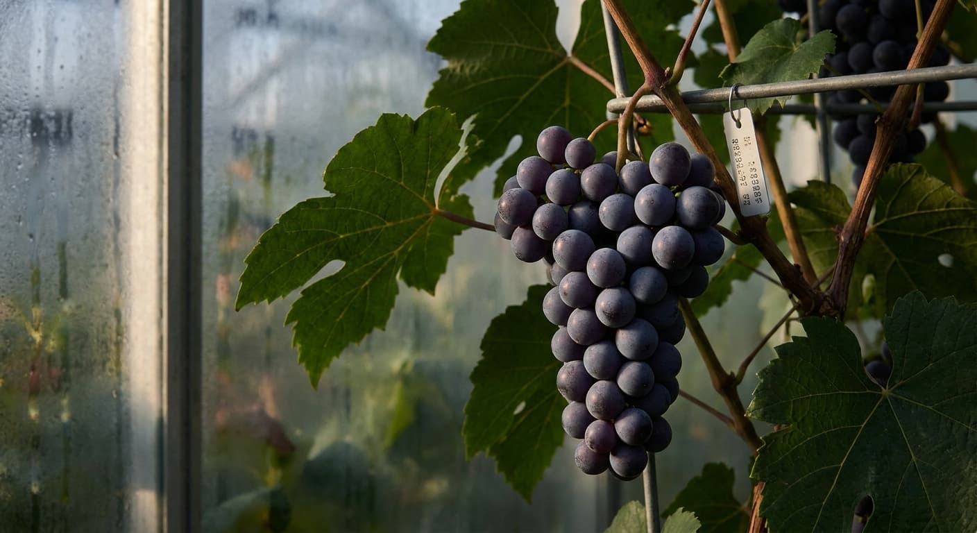 Scoville Splice Zinfandel Scorch (SS-0390) — engineered Grape specimen on-plant with laboratory specimen tag