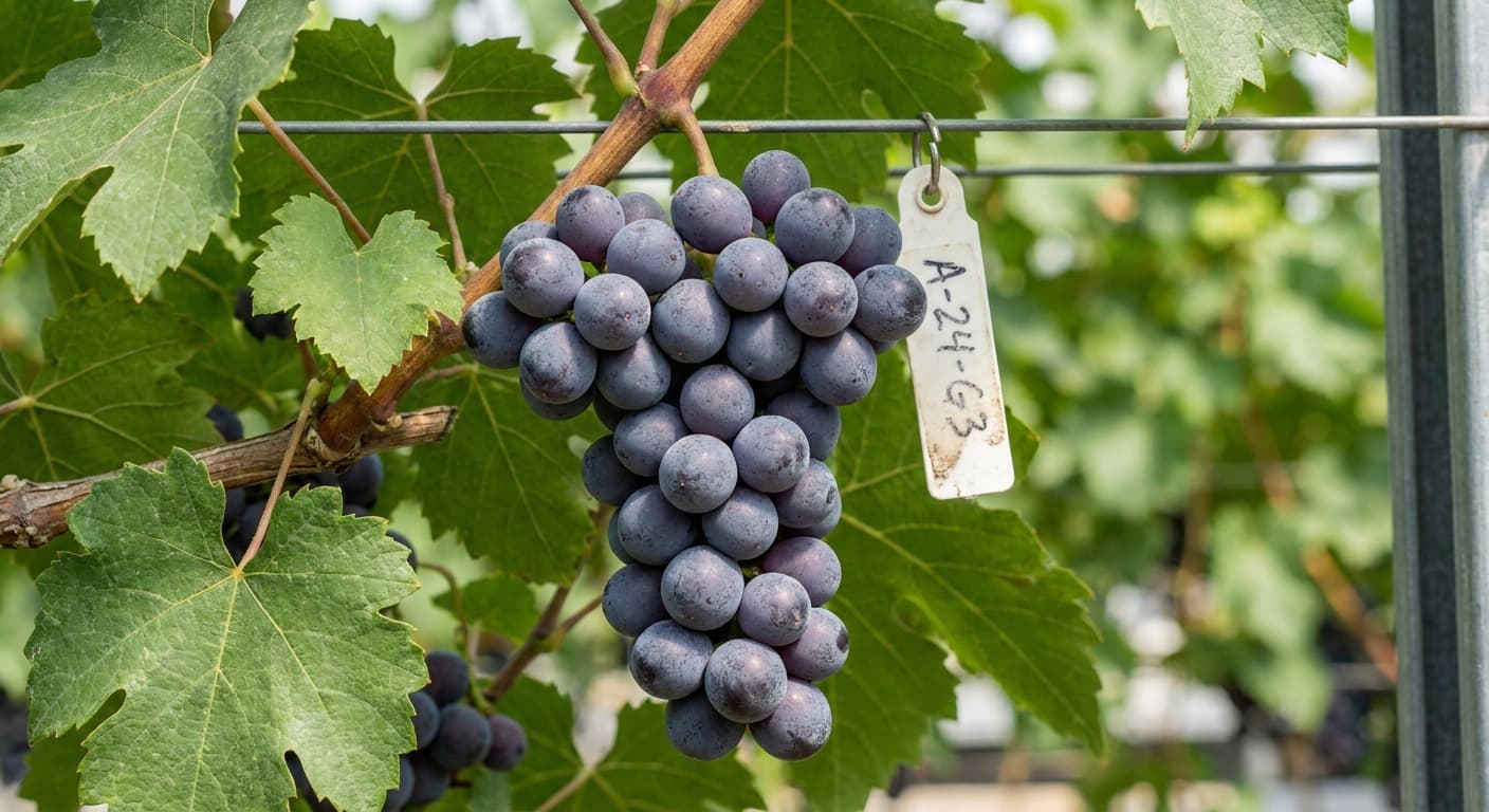Scoville Splice Tempranillo Fury (SS-0391) — engineered Grape specimen on-plant with laboratory specimen tag