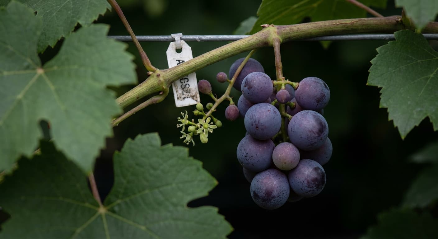Scoville Splice Malbec Inferno (SS-0392) — engineered Grape specimen on-plant with laboratory specimen tag