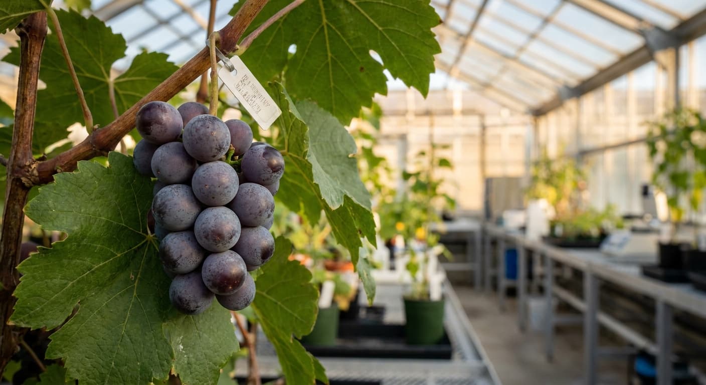 Scoville Splice Petite Sirah (SS-0393) — engineered Grape specimen on-plant with laboratory specimen tag
