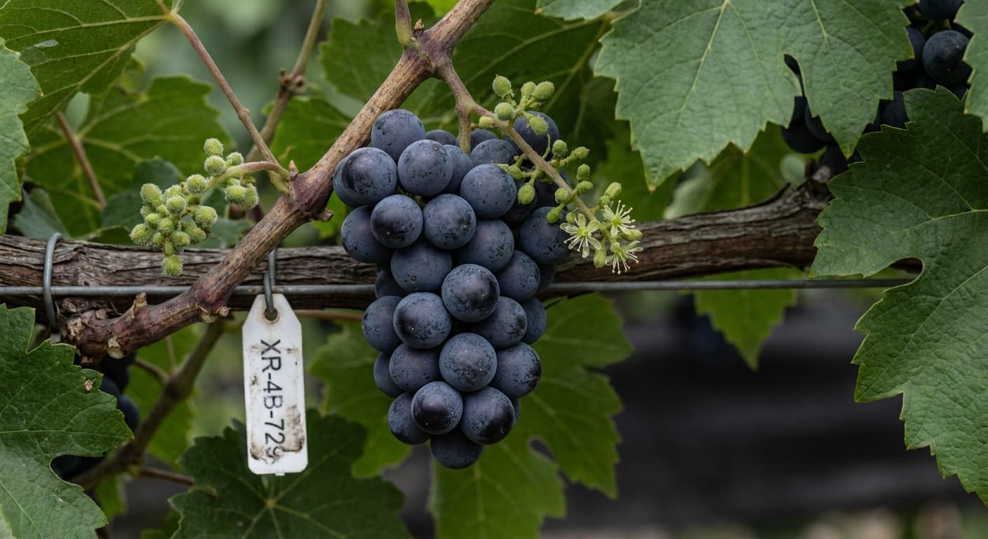 Scoville Splice Barolo Bomb (SS-0394) — engineered Grape specimen on-plant with laboratory specimen tag