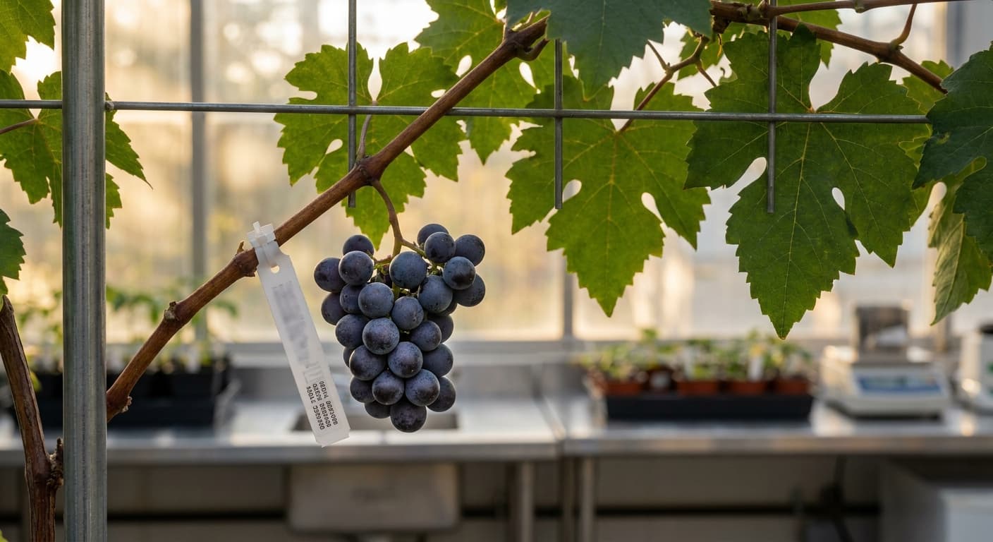 Scoville Splice Grand Cru Burn (SS-0395) — engineered Grape specimen on-plant with laboratory specimen tag