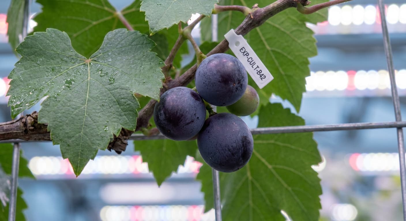 Scoville Splice Champagne Toast (SS-0396) — engineered Grape specimen on-plant with laboratory specimen tag