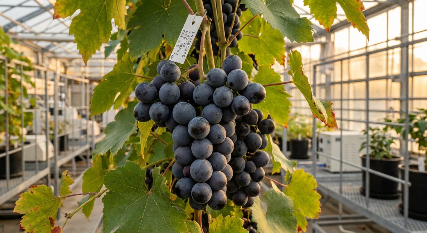 Scoville Splice Port Storm (SS-0397) — engineered Grape specimen on-plant with laboratory specimen tag